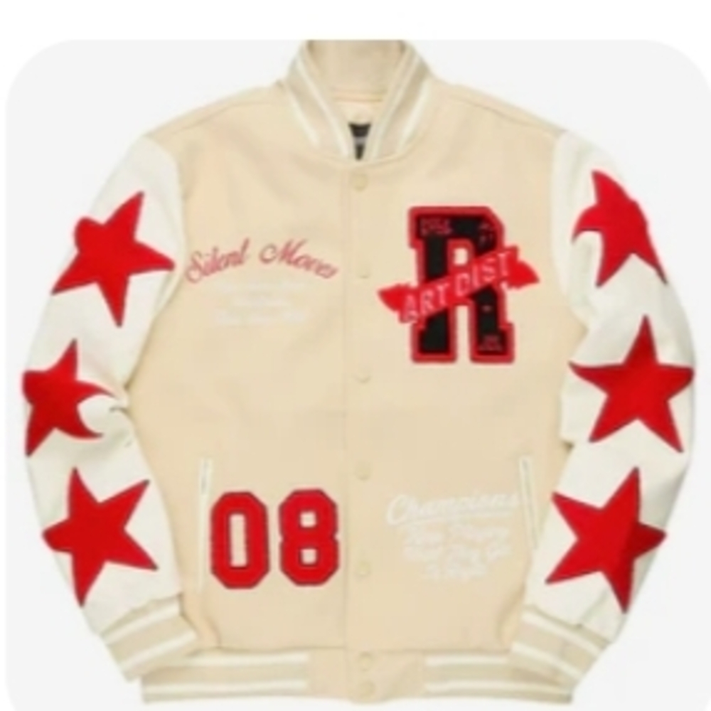 Rockstar Original Beige Varsity Jacket with Red Stars